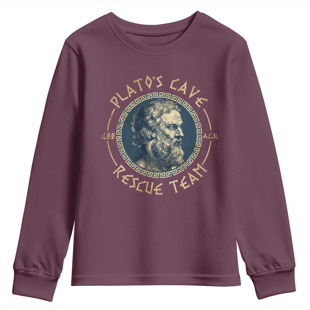 Greek Philosophy Plato Youth Sweatshirt Platos Cave Rescue Team TS09 Maroon Print Your Wear