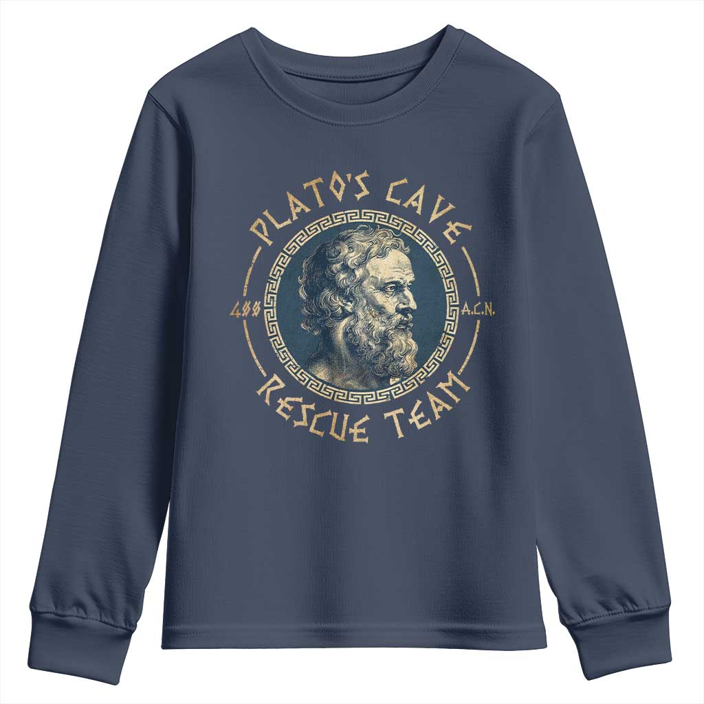 Greek Philosophy Plato Youth Sweatshirt Platos Cave Rescue Team TS09 Navy Print Your Wear