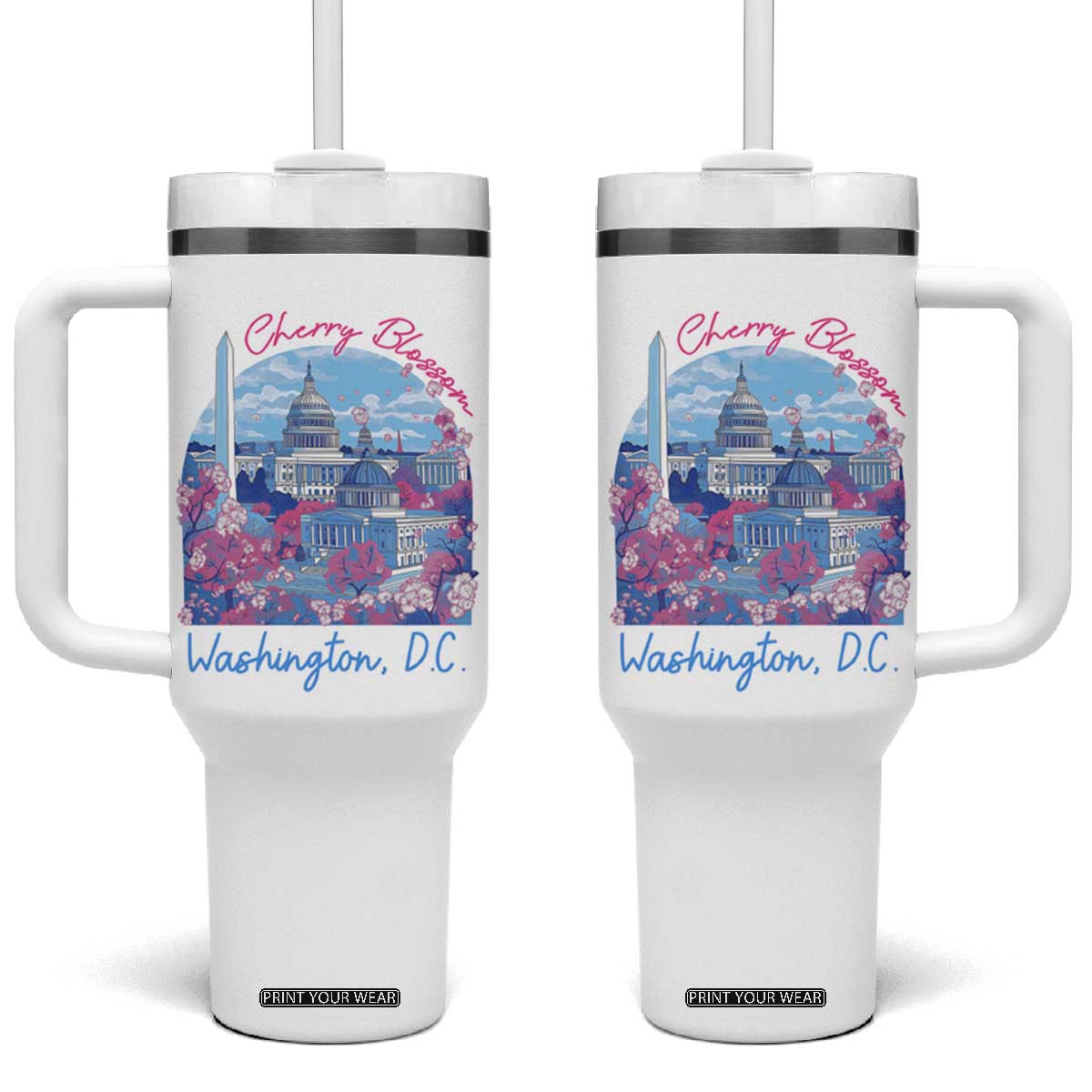 Washington DC Lover Tumbler With Handle Cherry Blossom TS09 One Size: 40 oz White Print Your Wear