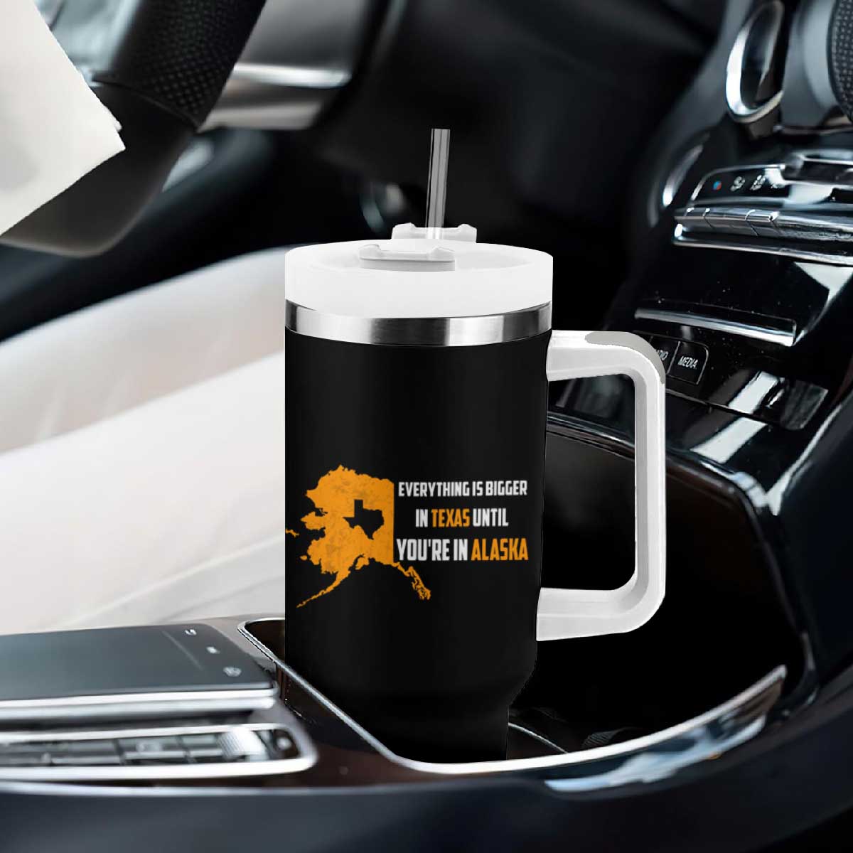 Funny Everything Is Bigger In Texas Until You're In Alaska Tumbler With Handle TS09 Print Your Wear