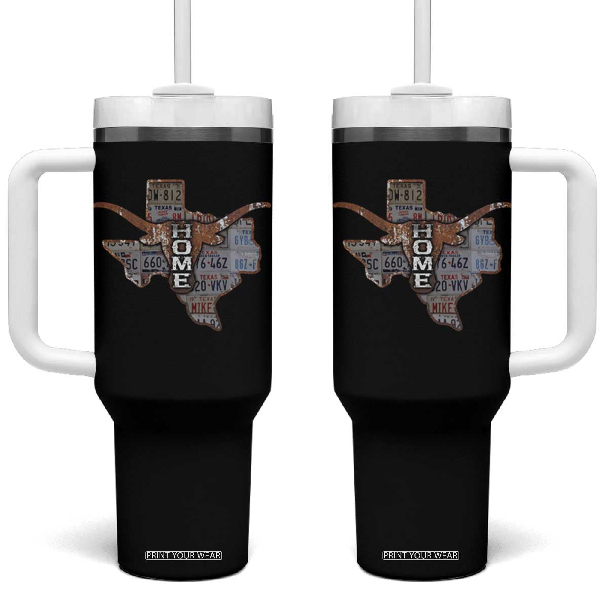 Texas Home Tumbler With Handle Vintage State Map TX Longhorn TS09 One Size: 40 oz Black Print Your Wear