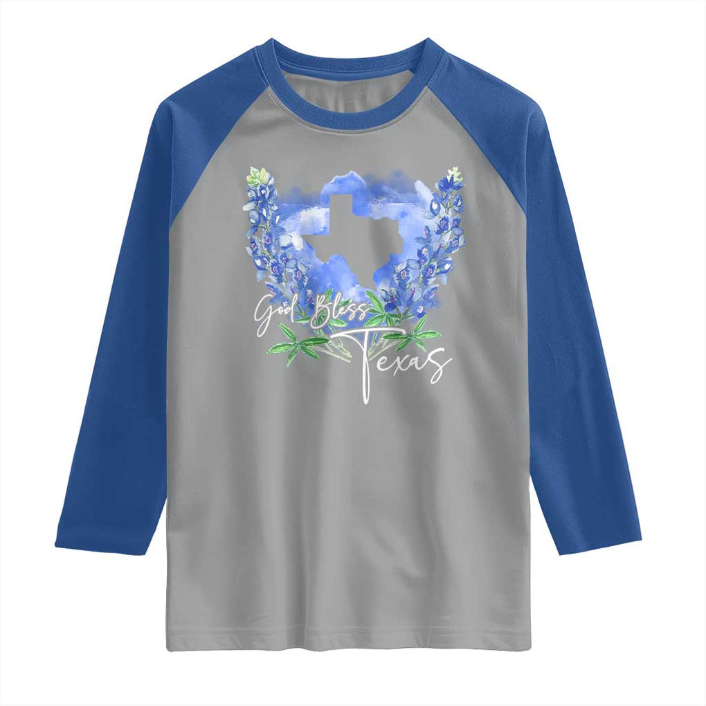 God Bless Texas Bluebonnet Raglan Shirt TS09 Sport Gray Royal Print Your Wear