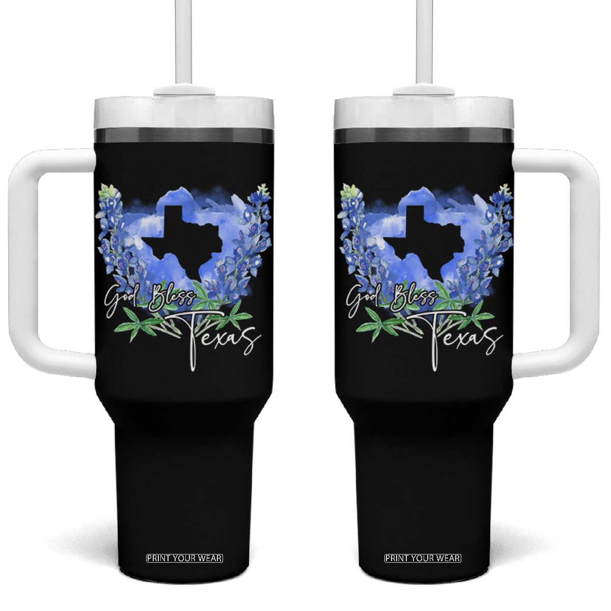 God Bless Texas Bluebonnet Tumbler With Handle TS09 One Size: 40 oz Black Print Your Wear