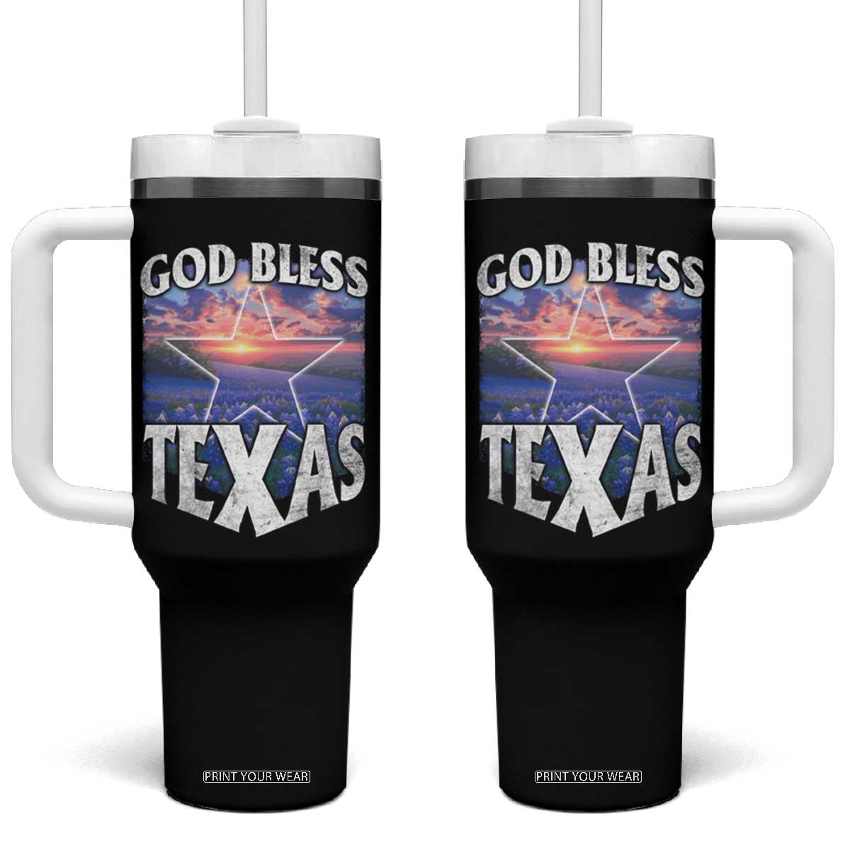 Bluebonnet Field God Bless Texas Tumbler With Handle TS09 One Size: 40 oz Black Print Your Wear