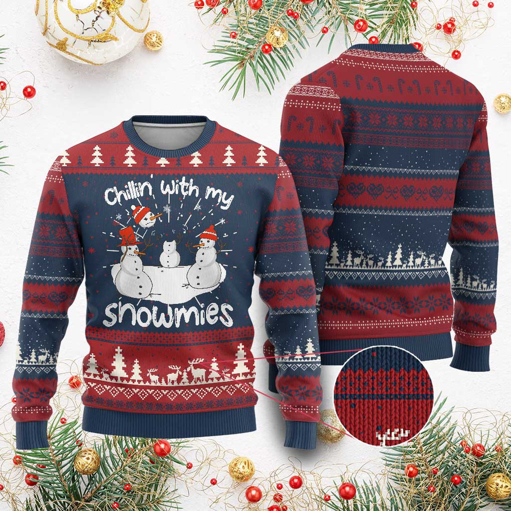 Funny Xmas Ugly Christmas Sweater Chillin With My Snowmies Funny Snowman Friendship TS09 Burgundy Print Your Wear