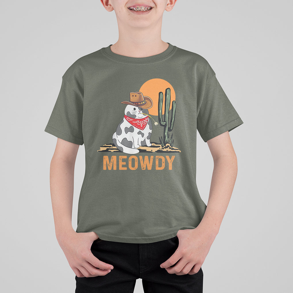 Meowdy Cat Cow Funny Howdy Meme Western Cowboy T Shirt For Kid TS09 Military Green Printyourwear
