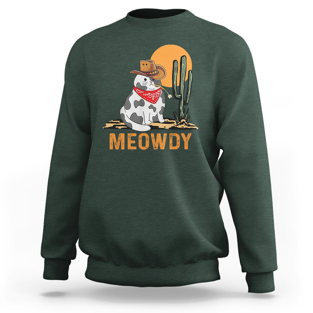 Meowdy Cat Cow Funny Howdy Meme Western Cowboy Sweatshirt TS09 Dark Forest Green Printyourwear