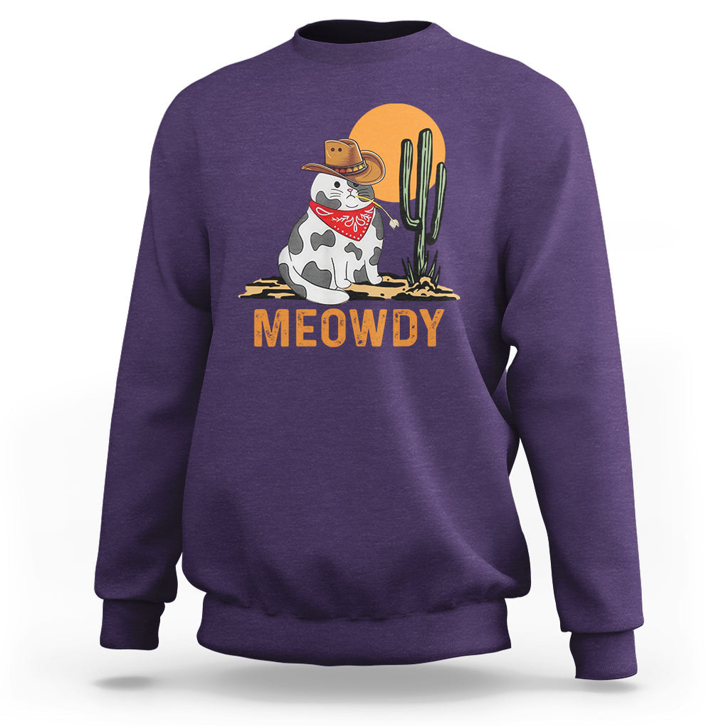 Meowdy Cat Cow Funny Howdy Meme Western Cowboy Sweatshirt TS09 Purple Printyourwear