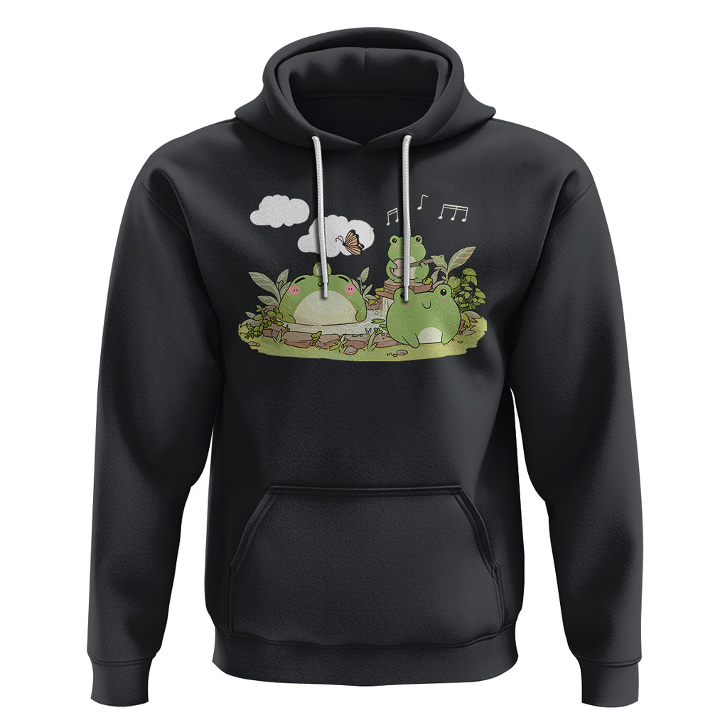 Kawaii Cute Frog Banjo Butterfly Cottagecore Aesthetic Hoodie TS09 Black Printyourwear