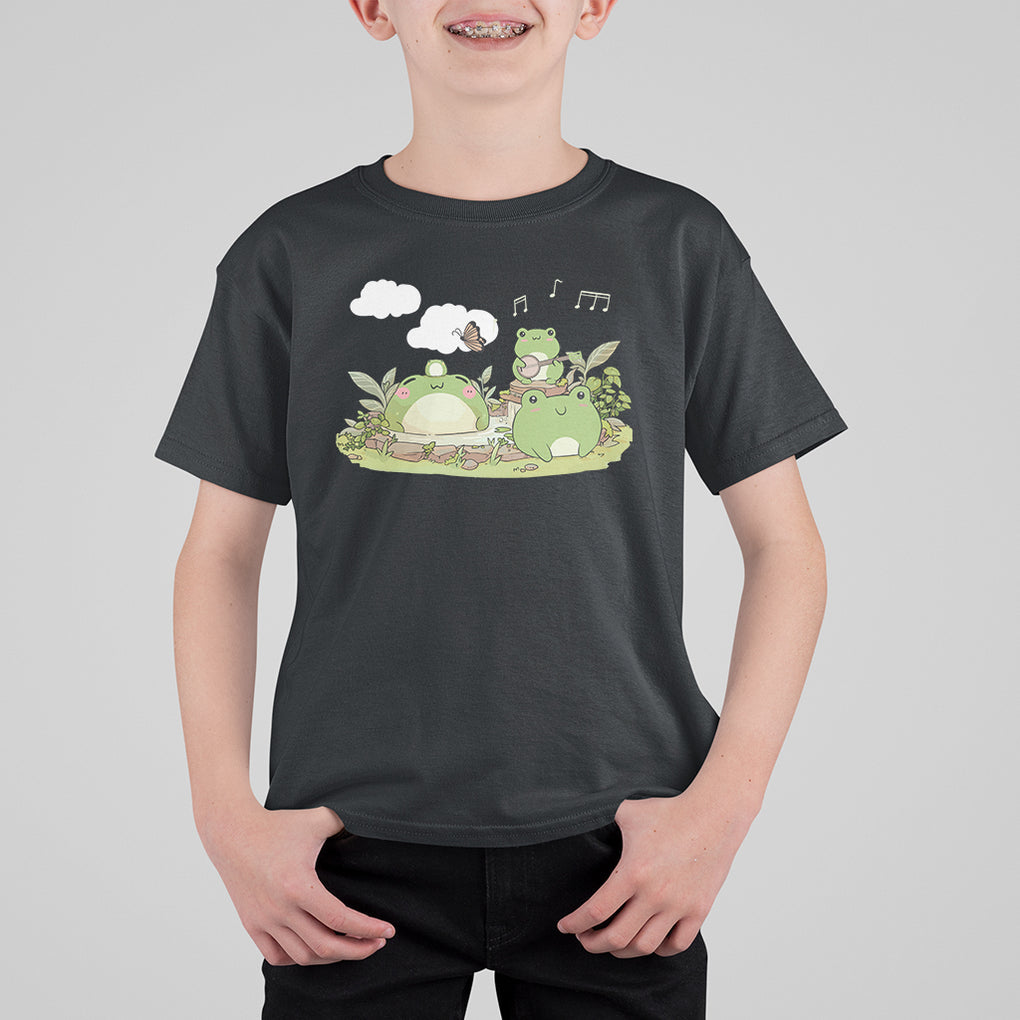 Kawaii Cute Frog Banjo Butterfly Cottagecore Aesthetic T Shirt For Kid TS09 Black Printyourwear