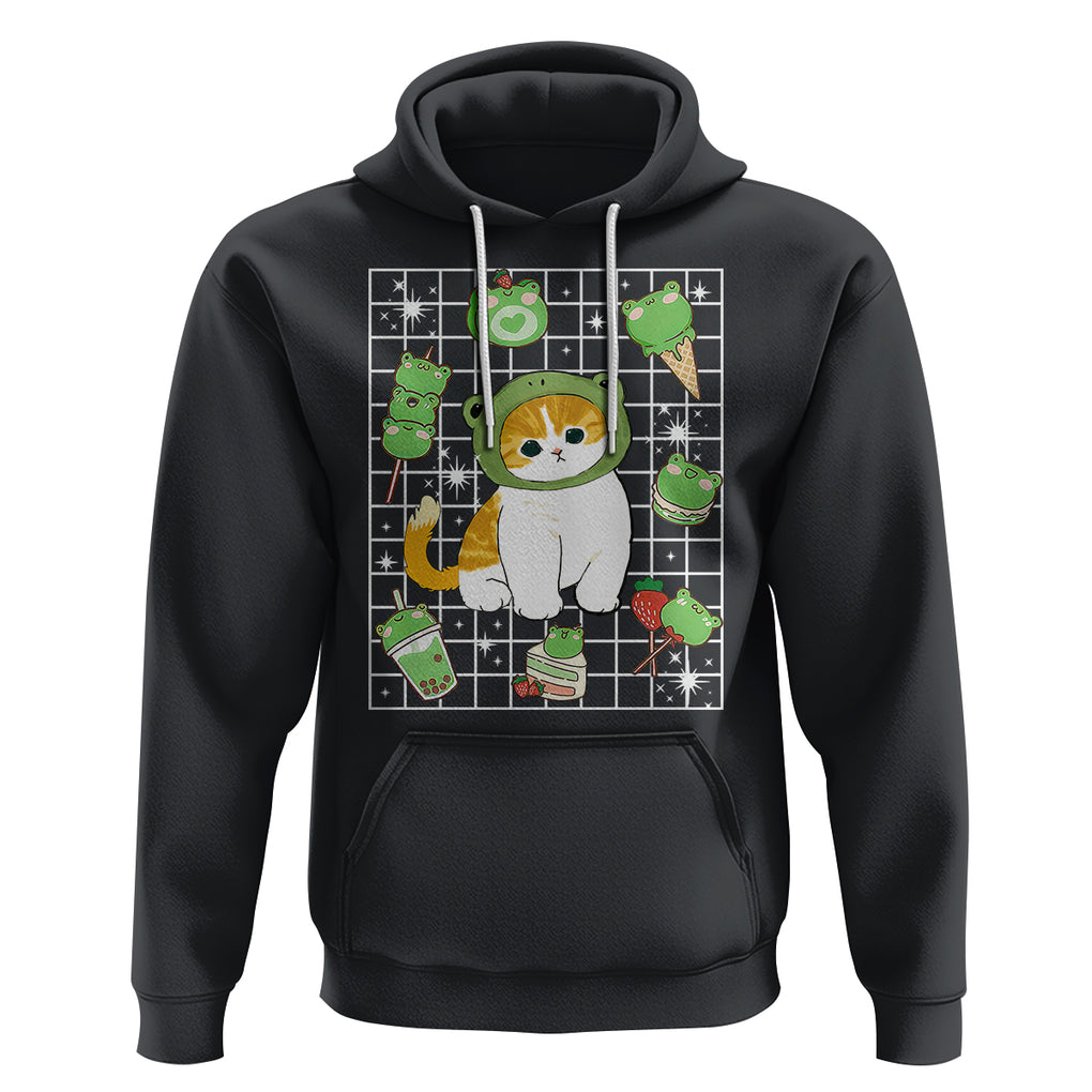 Kawaii Frog Cat in Frog Hat Retro 90s Cottagecore Aesthetic Hoodie TS09 Black Printyourwear