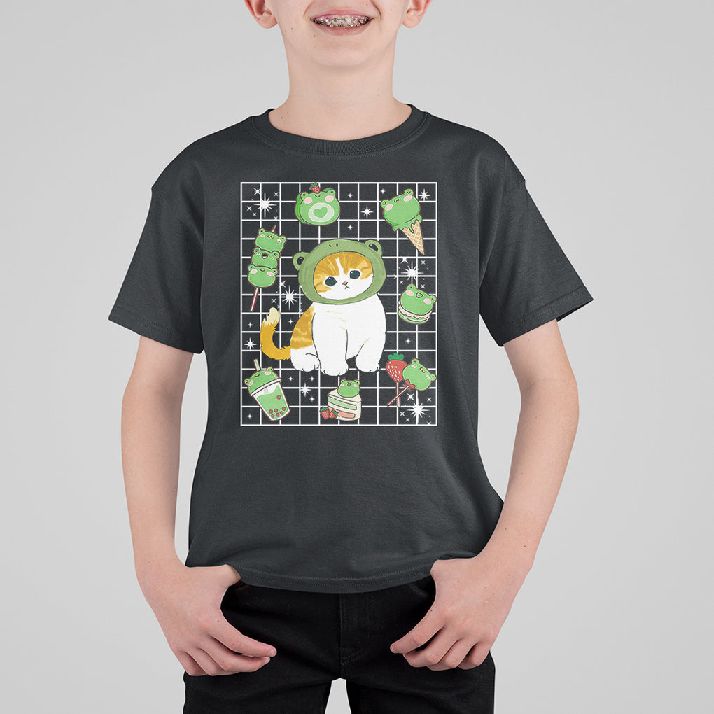 Kawaii Frog Cat in Frog Hat Retro 90s Cottagecore Aesthetic T Shirt For Kid TS09 Black Printyourwear