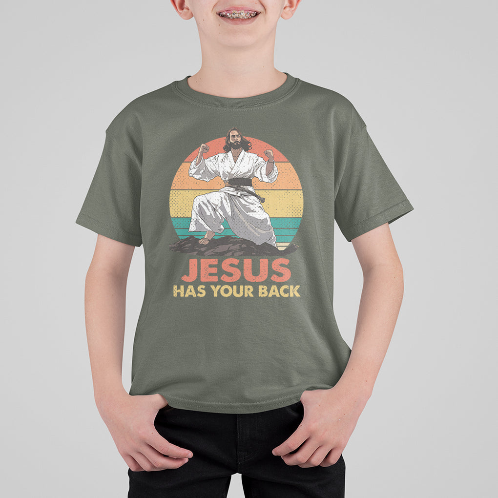 Jesus Has Your Back Jitsu Retro Christian T Shirt For Kid TS09 Military Green Printyourwear