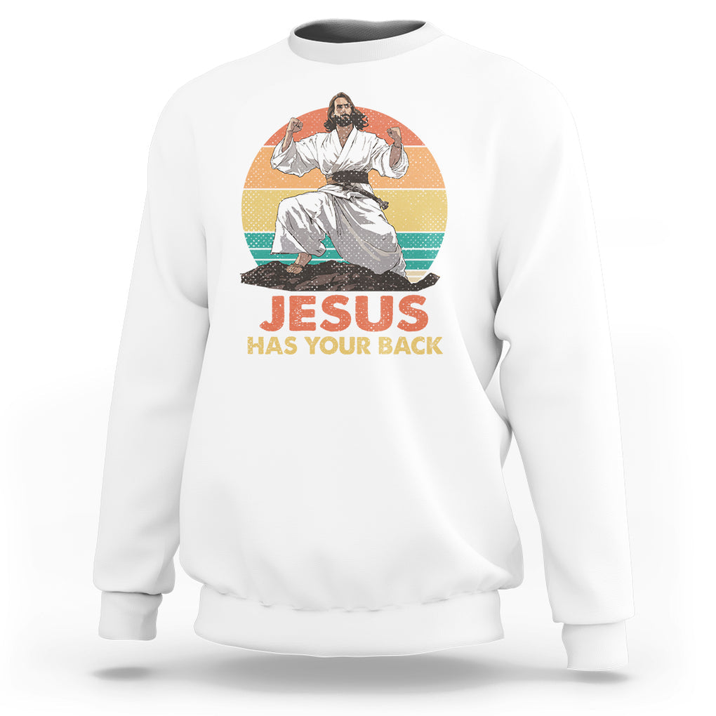 Jesus Has Your Back Jitsu Retro Christian Sweatshirt TS09 White Printyourwear