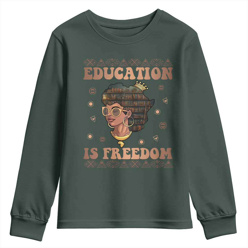 Black Teacher Youth Sweatshirt Education Is Freedom Black History Month TS09 Dark Forest Green Print Your Wear