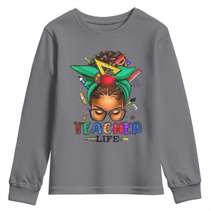 Black Teacher Life Youth Sweatshirt Messy Bun African American Educated TS09 Charcoal Print Your Wear