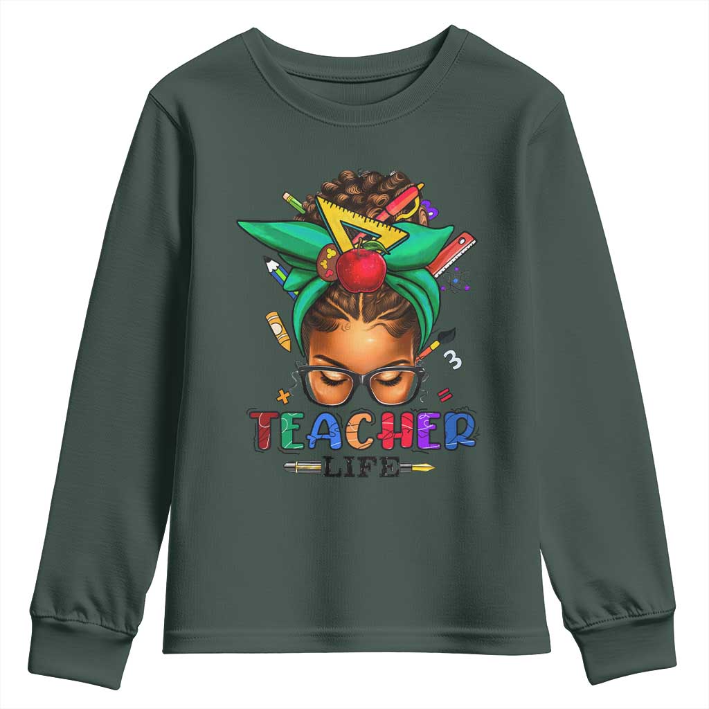 Black Teacher Life Youth Sweatshirt Messy Bun African American Educated TS09 Dark Forest Green Print Your Wear