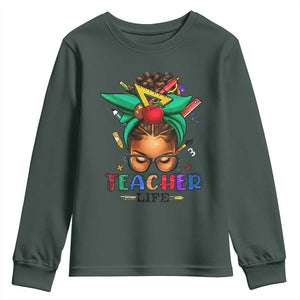 Black Teacher Life Youth Sweatshirt Messy Bun African American Educated TS09 Dark Forest Green Print Your Wear