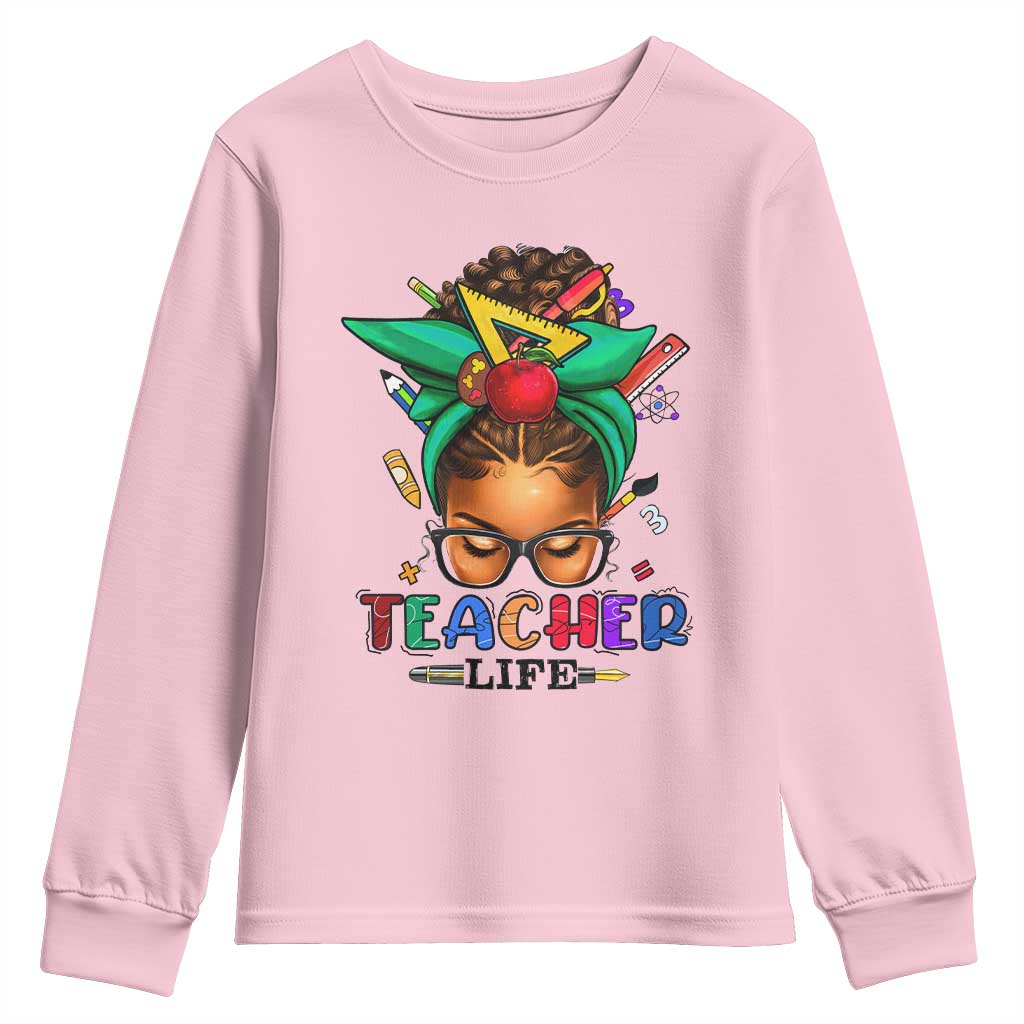 Black Teacher Life Youth Sweatshirt Messy Bun African American Educated TS09 Light Pink Print Your Wear