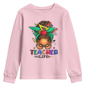 Black Teacher Life Youth Sweatshirt Messy Bun African American Educated TS09 Light Pink Print Your Wear