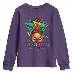 Black Teacher Life Youth Sweatshirt Messy Bun African American Educated TS09 Purple Print Your Wear