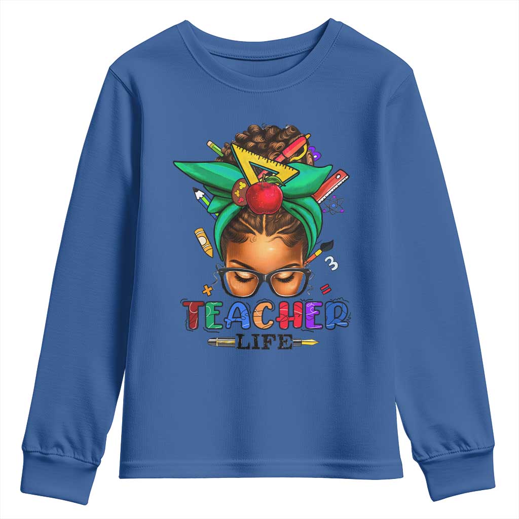 Black Teacher Life Youth Sweatshirt Messy Bun African American Educated TS09 Royal Blue Print Your Wear