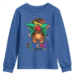 Black Teacher Life Youth Sweatshirt Messy Bun African American Educated TS09 Royal Blue Print Your Wear