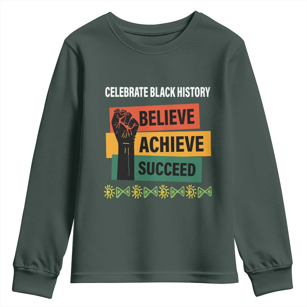 Black History Month Youth Sweatshirt Believe Achieve Succeed African Americans TS09 Dark Forest Green Print Your Wear