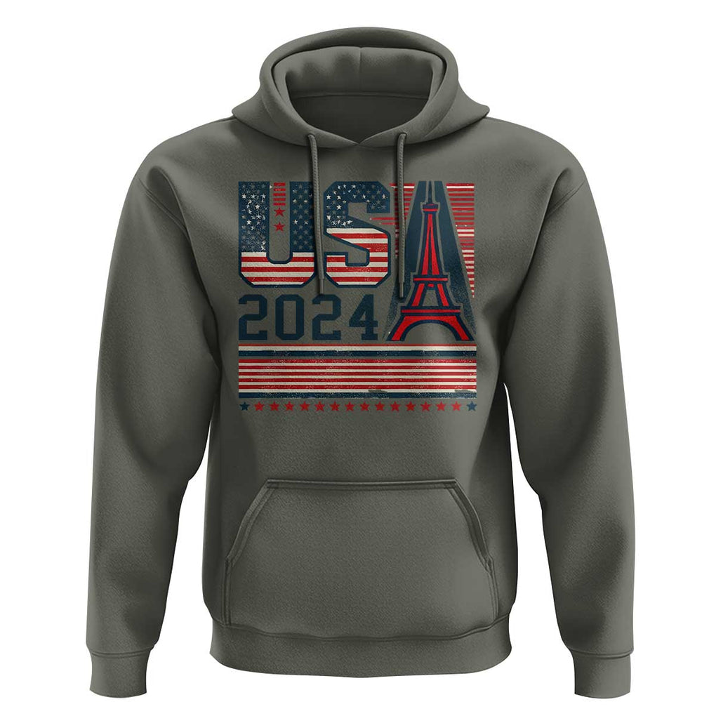 USA Eiffel Tower 2024 Hoodie Patriotic Sports Supporter Souvenir TS09 Military Green Print Your Wear