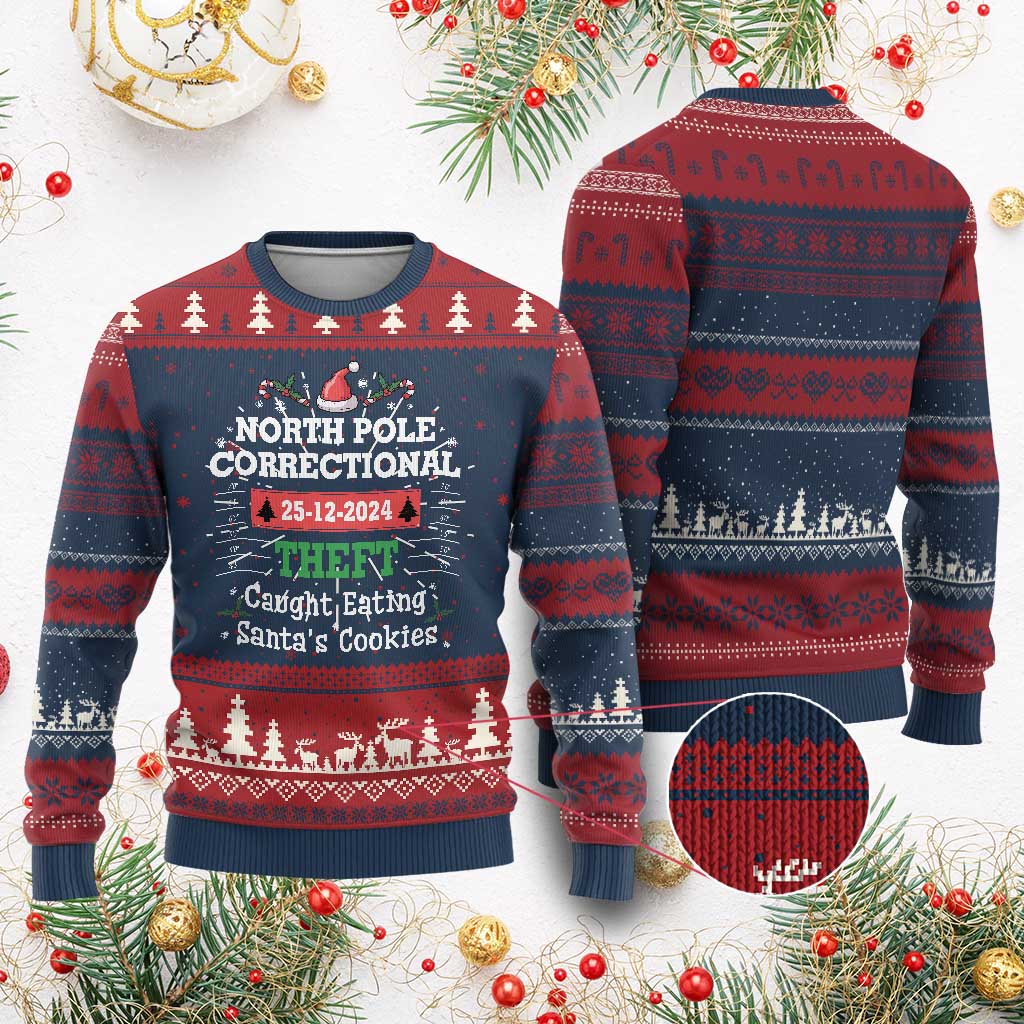 Funny Xmas Family Matching Ugly Christmas Sweater North Pole Correctional Theft TS09 Burgundy Print Your Wear