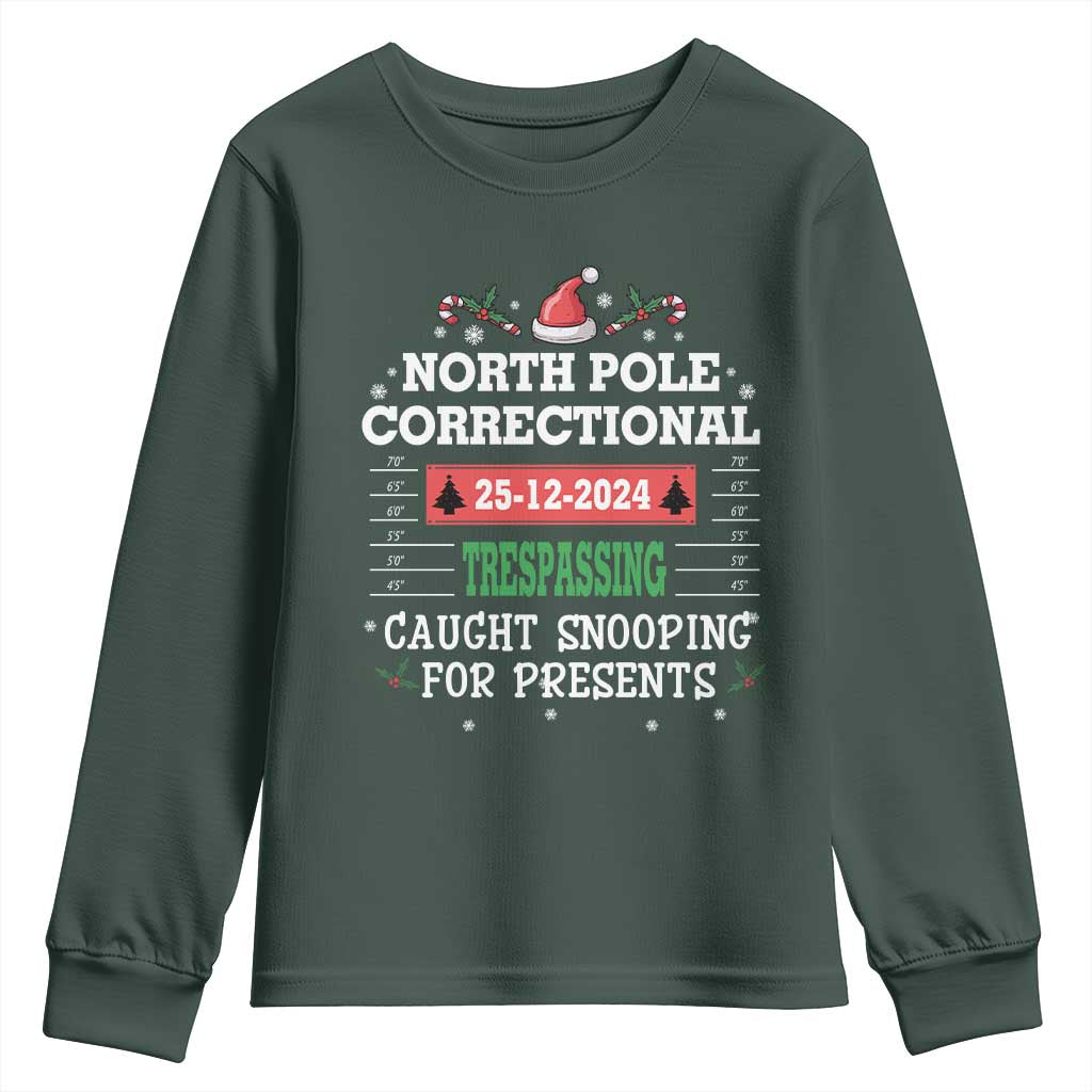Funny Christmas Family Matching Youth Sweatshirt North Pole Correctional Trespassing TS09 Dark Forest Green Print Your Wear