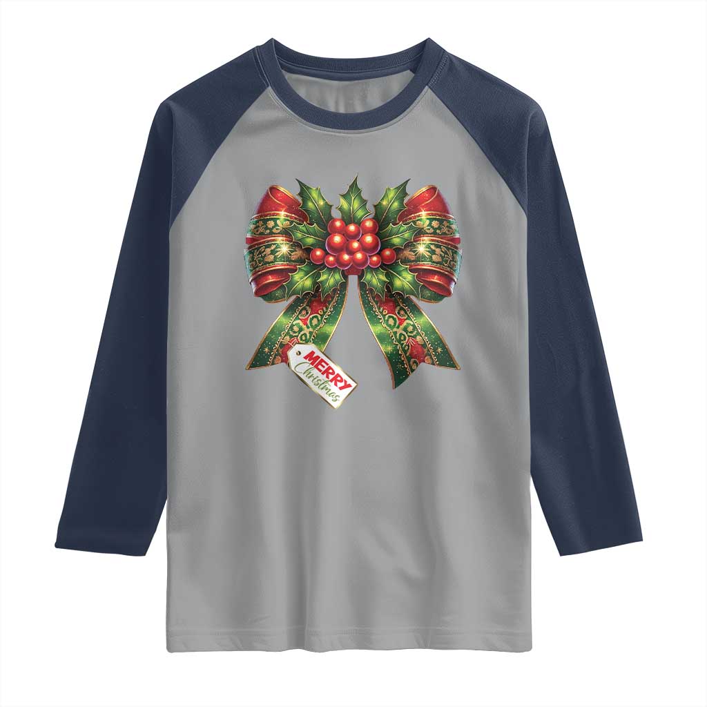 Funny Christmas Bow Present Costume Raglan Shirt TS09 Sport Gray Navy Print Your Wear