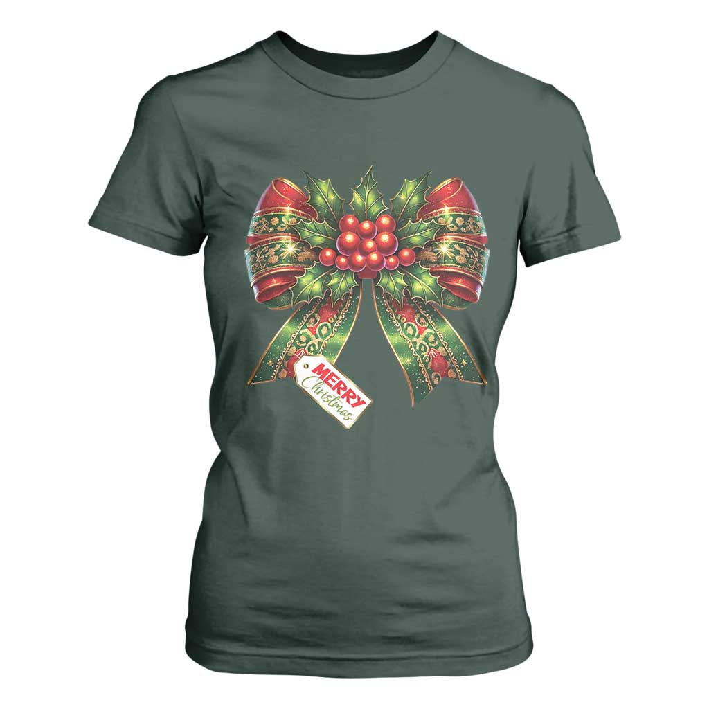 Funny Christmas Bow Present Costume T Shirt For Women TS09 Dark Forest Green Print Your Wear