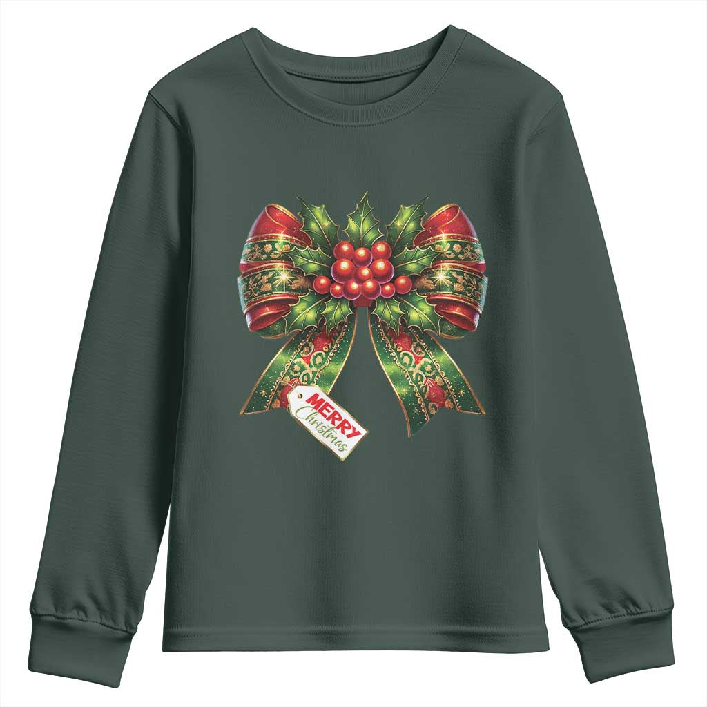 Funny Christmas Bow Present Costume Youth Sweatshirt TS09 Dark Forest Green Print Your Wear