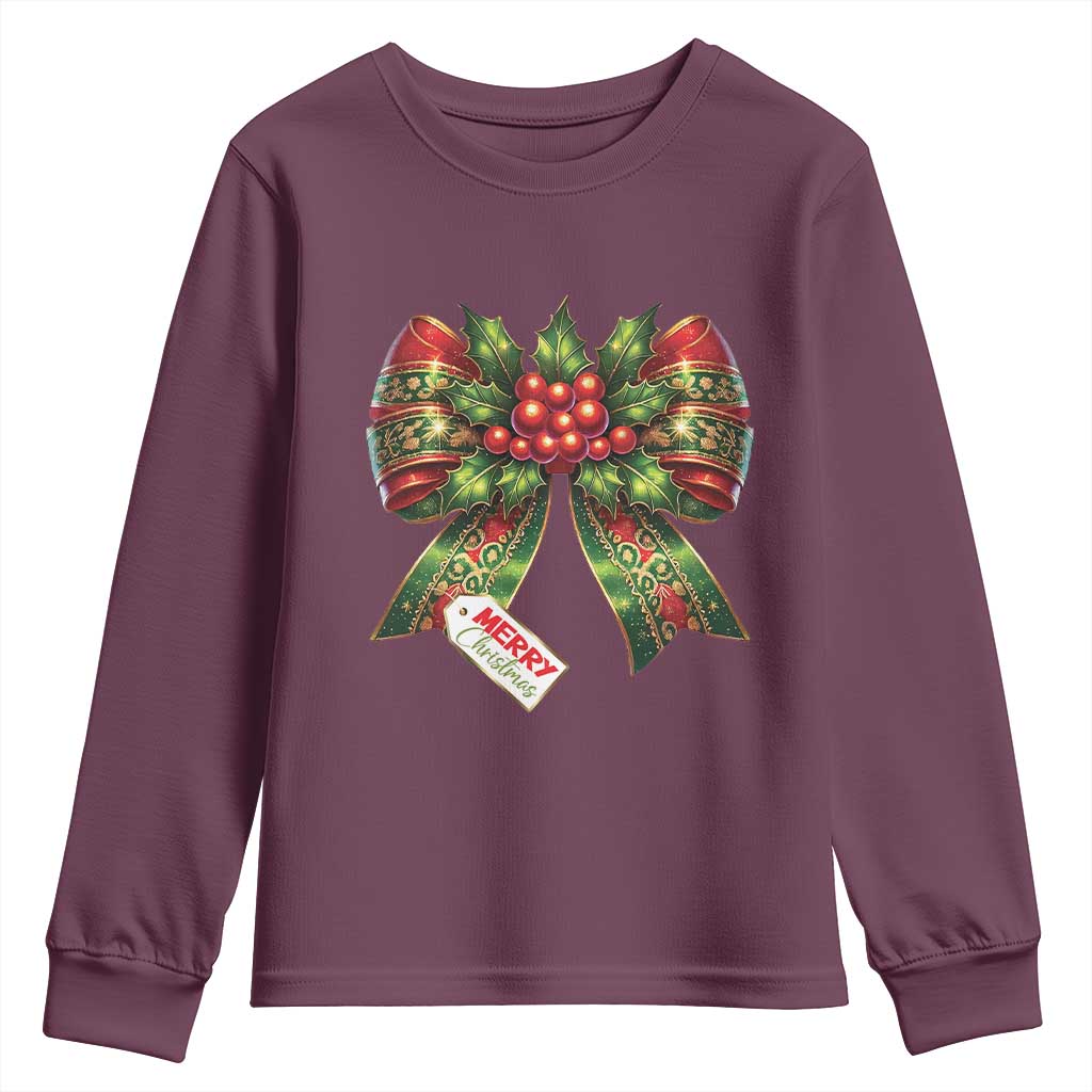 Funny Christmas Bow Present Costume Youth Sweatshirt TS09 Maroon Print Your Wear
