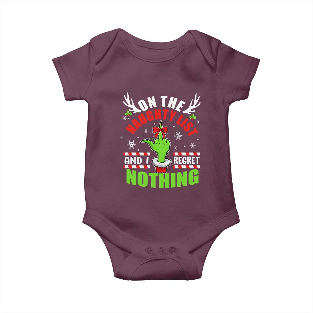 Funny Christmas Baby Onesie On The List Of Naughty And I Regret Nothing TS09 Maroon Print Your Wear