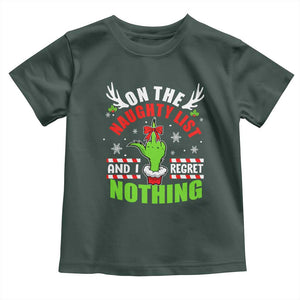 Funny Christmas Baby Shirt On The List Of Naughty And I Regret Nothing TS09 Dark Forest Green Print Your Wear