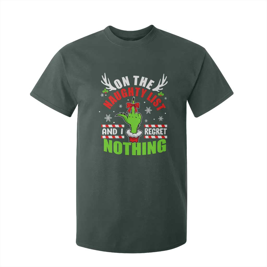 Funny Christmas T Shirt For Kid On The List Of Naughty And I Regret Nothing TS09 Dark Forest Green Print Your Wear