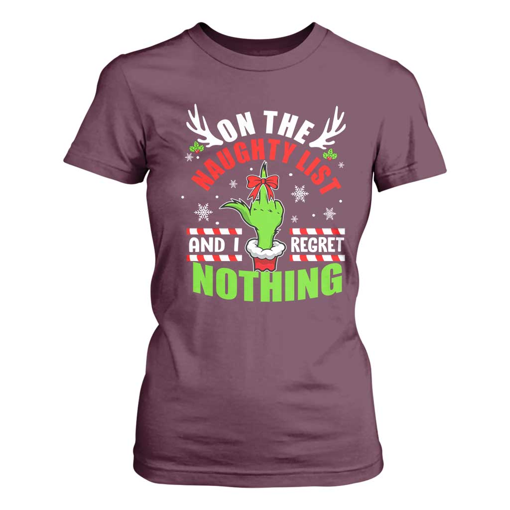 Funny Christmas T Shirt For Women On The List Of Naughty And I Regret Nothing TS09 Maroon Print Your Wear