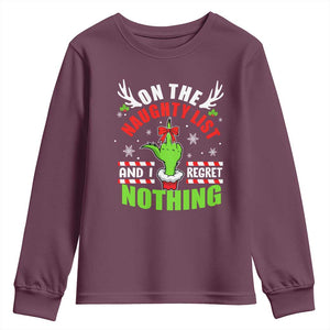 Funny Christmas Youth Sweatshirt On The List Of Naughty And I Regret Nothing TS09 Maroon Print Your Wear