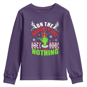 Funny Christmas Youth Sweatshirt On The List Of Naughty And I Regret Nothing TS09 Purple Print Your Wear