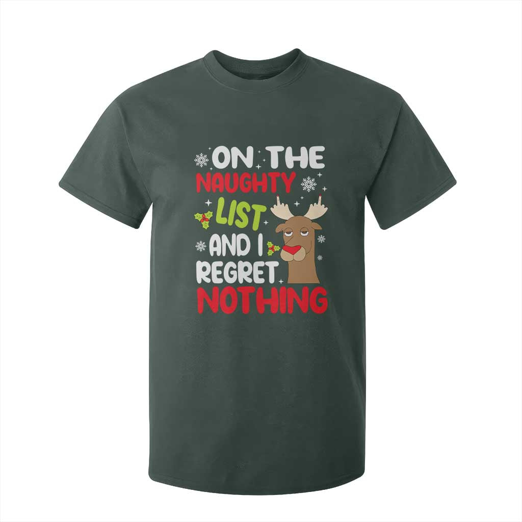 Funny Christmas T Shirt For Kid On The List Of Naughty And I Regret Nothing Reindeer TS09 Dark Forest Green Print Your Wear