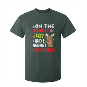 Funny Christmas T Shirt For Kid On The List Of Naughty And I Regret Nothing Reindeer TS09 Dark Forest Green Print Your Wear