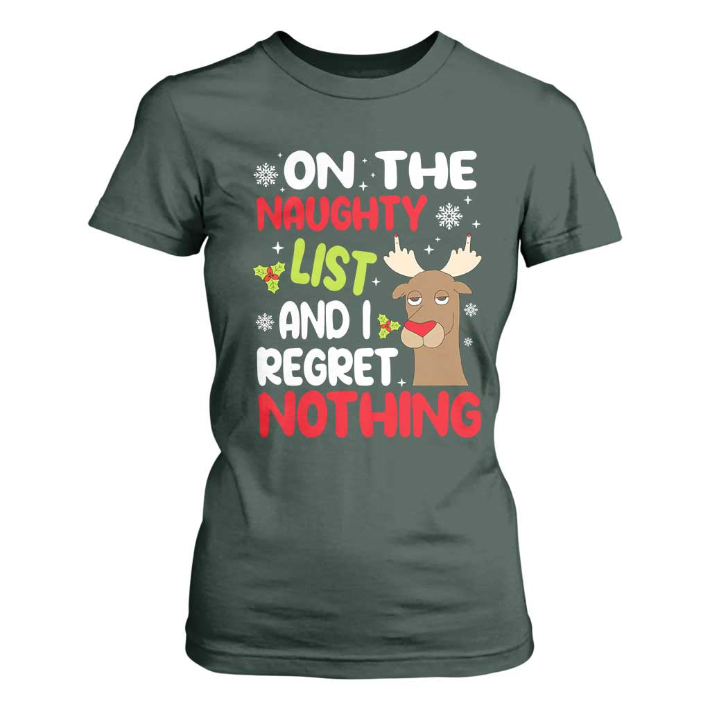 Funny Christmas T Shirt For Women On The List Of Naughty And I Regret Nothing Reindeer TS09 Dark Forest Green Print Your Wear