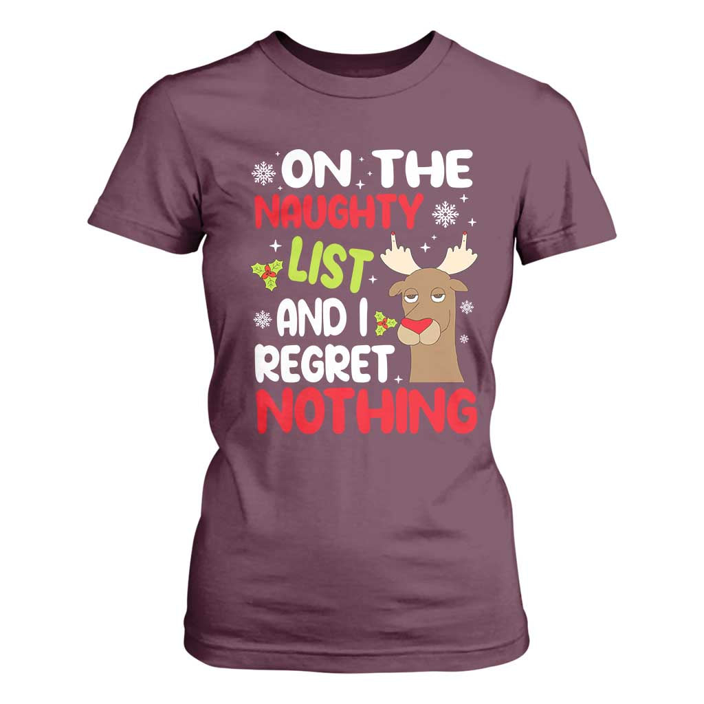 Funny Christmas T Shirt For Women On The List Of Naughty And I Regret Nothing Reindeer TS09 Maroon Print Your Wear