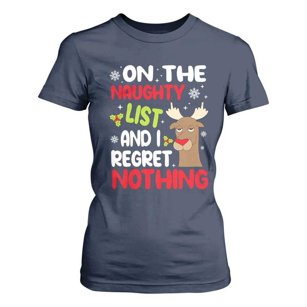 Funny Christmas T Shirt For Women On The List Of Naughty And I Regret Nothing Reindeer TS09 Navy Print Your Wear