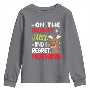 Funny Christmas Youth Sweatshirt On The List Of Naughty And I Regret Nothing Reindeer TS09 Charcoal Print Your Wear