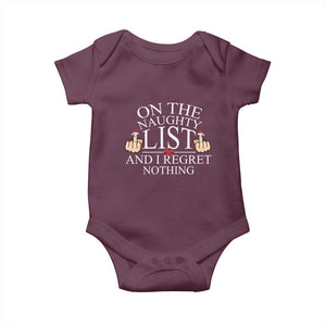 Funny Christmas Baby Onesie On The List Of Naughty And I Regret Nothing Middle Finger TS09 Maroon Print Your Wear