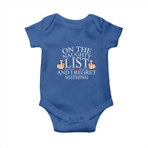 Funny Christmas Baby Onesie On The List Of Naughty And I Regret Nothing Middle Finger TS09 Royal Blue Print Your Wear