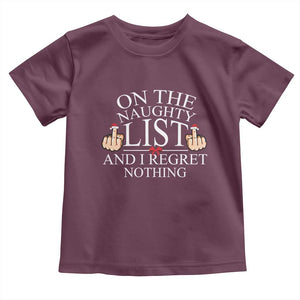 Funny Christmas Baby Shirt On The List Of Naughty And I Regret Nothing Middle Finger TS09 Maroon Print Your Wear